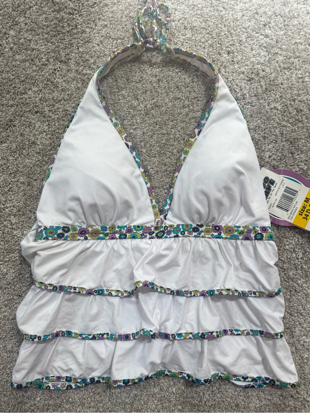 Coco Rave White Ruffle Halter Tankini Top with Floral Trim